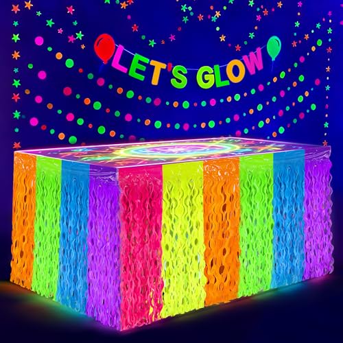 Image of 2 Pack Neon Tinsel Foil Fringe Table Skirts 108 x 29.5 Inch Glow in The Dark Party Table Decoration UV Reactive Fluorescent Wavy Tables Skirt for Glow Birthday Wedding Supplies Neon Party Decor