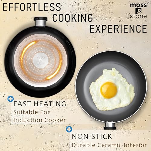 Image of Moss & Stone 6 Pcs Black Nonstick Cookware Set, Pots And Pans Set Non stick With Glass Lid, Induction Cookware, Stay-Cool Handle PTFE /PFOA Kitchen Pots 6-Piece with Frying Pans & Saucepan