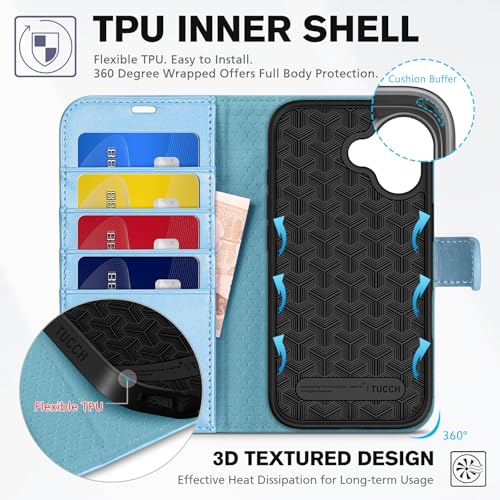 TUCCH Case Wallet for iPhone 17 (6.3-Inch) 2025, RFID Blocking 4 Card Slots, Kickstand, Magnetic Closure, PU Leather, Shockproof TPU Shell, Protective Flip Folio Cover, Pearly Light Blue by TUCCH - Image 5