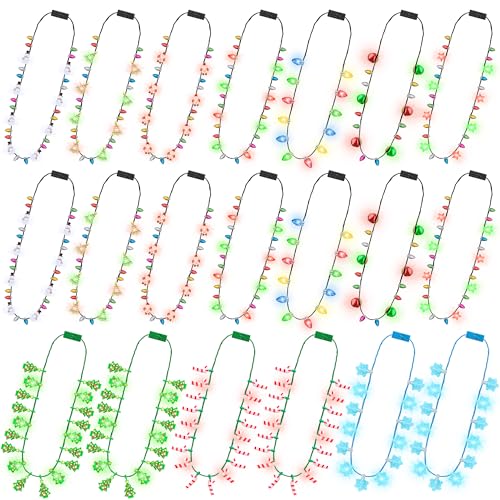 20Pcs Bulk Light Up Christmas Necklaces, 10 Styles Xmas Accessories 3 Modes