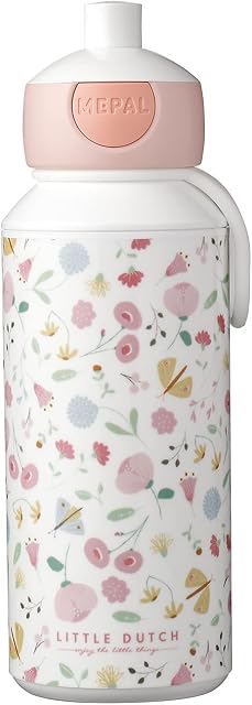 Mepal - Drinking Bottle Pop-up Campus - Drinking Bottle Little Dutch - Leak Proof Drink Bottle For School - BPA-free & Dishwasher Safe - 400 ml - Flowers & Butterflies.