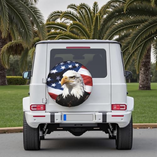 Image of American Flag Star Spare Tire Cover USA Eagle Wheel Covers 15 Inch | Red White Blue，Polyester，Protectors Tire Cover，Waterproof，Dust-Proof，Universal，Fit for RV Jeep SUV Motor Travel Camper Tires