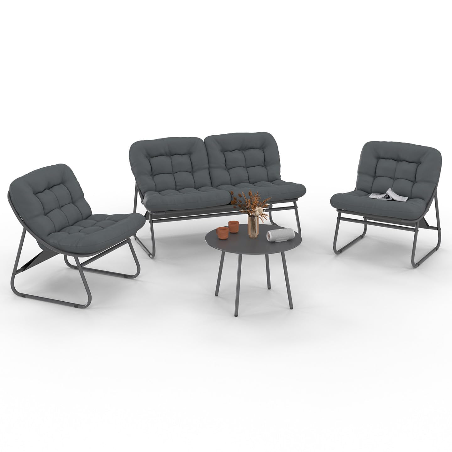 IDMarket - Muebles de jardín Arona bajo 4 plazas en metal gris antracita y cojines grises con sofá, sillón y mesa
