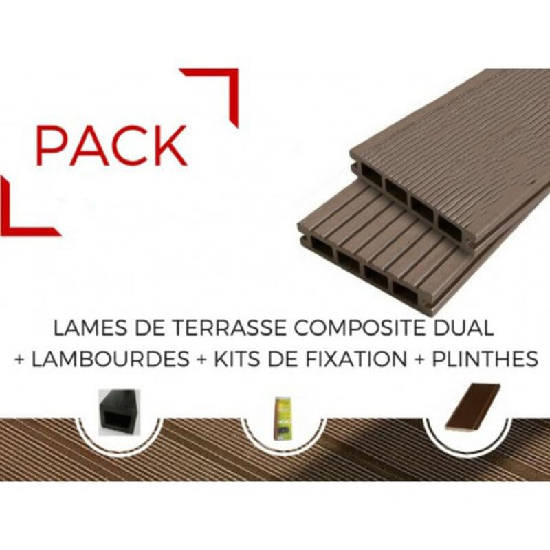 PACK 4 m² lame de terrasse composite Dual + ACCESSOIRES 3600mm Brun rouge, ep.25mm, l.14 cm, L.360 cm
