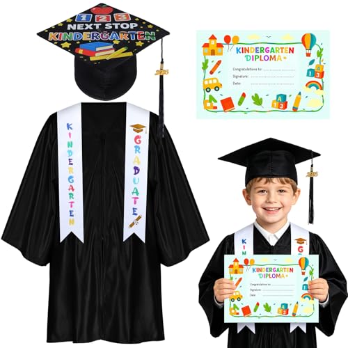 4-Piece 2026 Preschool Graduation Cap and Gown Set Pre-K Graduation Outfit with Tassel Stole and Diploma Next Stop Kindergarten (Black 27)