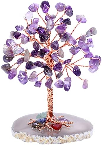 Top Plaza Amethyst Healing Crystals Stones Tree Wire Wrapped on Natural Agate Slice Base Home Office Desk Living Room Crystal Decor Mini Sized