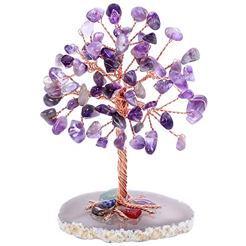 Top Plaza Amethyst Healing Crystals Stones Tree Wire Wrapped On Natural Agate Slice Base Home Office Desk Living Room Crystal Decor Mini Sized #TOP8