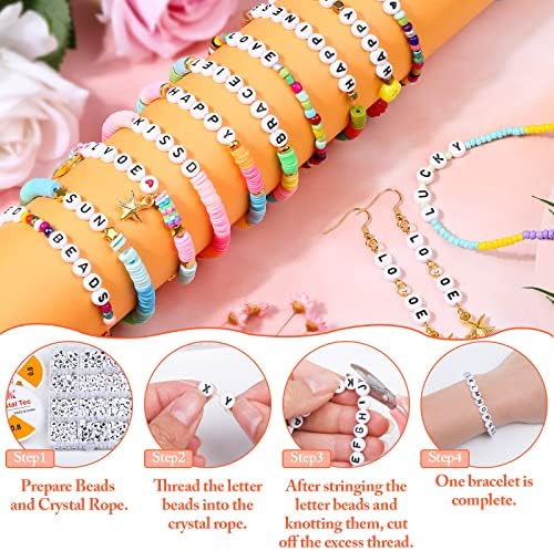 selizo 1400 PCS Letter Beads, White Round Acrylic Alphabet Beads A-Z 4x7mm Heart Pattern Beads with 2 roll Elastic Crystal Line and Box for Jewelry Making Name Bracelets Necklaces Key Chains Craft