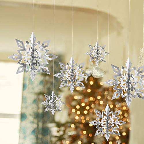 Glittery Snowflakes, 24 Packs 3D Large Silver Christmas Winter Snowflake Hanging Garland Decorative Paper Snowflake Ornaments for Holiday Party Home - Thumbnail 5