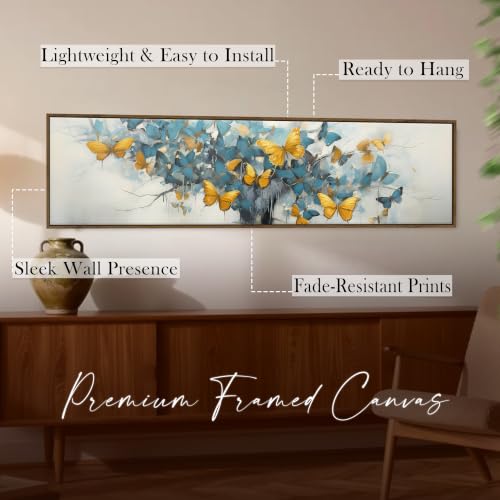 Image of Large Canvas Painting Panel Framed Wall Painting Abstract Tree with Yellow Butterfly Framed Luxury Paintings for Home Decoration, Living room, Bedroom and Office Decor (Sku Blue, 13x47 Inch)
