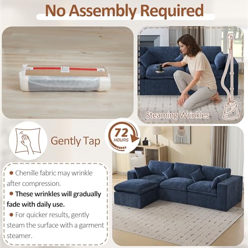Image of 115''Cloud Boneless Sectional Couch, Modular Sectional Sofa Deep Seat with Ottoman, Oversized Upholstered Convertible Comfy 4 Seater Chenille Sofa L Shape Couches for Living Room, Navy
