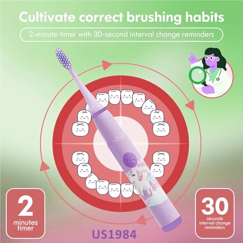 Image of Sonic Electric Toothbrush for Kids with 4 Modes, 3 Brush Heads & Rechargeable Battery, Ultra Soft Nylon Bristles, IPX7 Waterproof, Electric Power Tooth brush (Purple)
