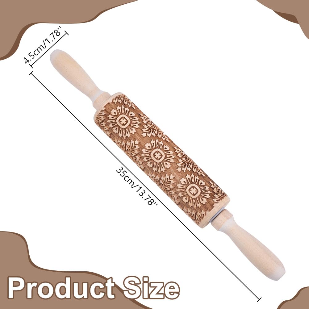 DELORIGIN Embossed Wooden Rolling Pin Flower Print 35cm Rolling Pin for Baking Biscuits 3D Pattern DIY Kitchen Tool Baking Accessories Homemade Bakery Pastry Cookie Fondant Dough Pizza