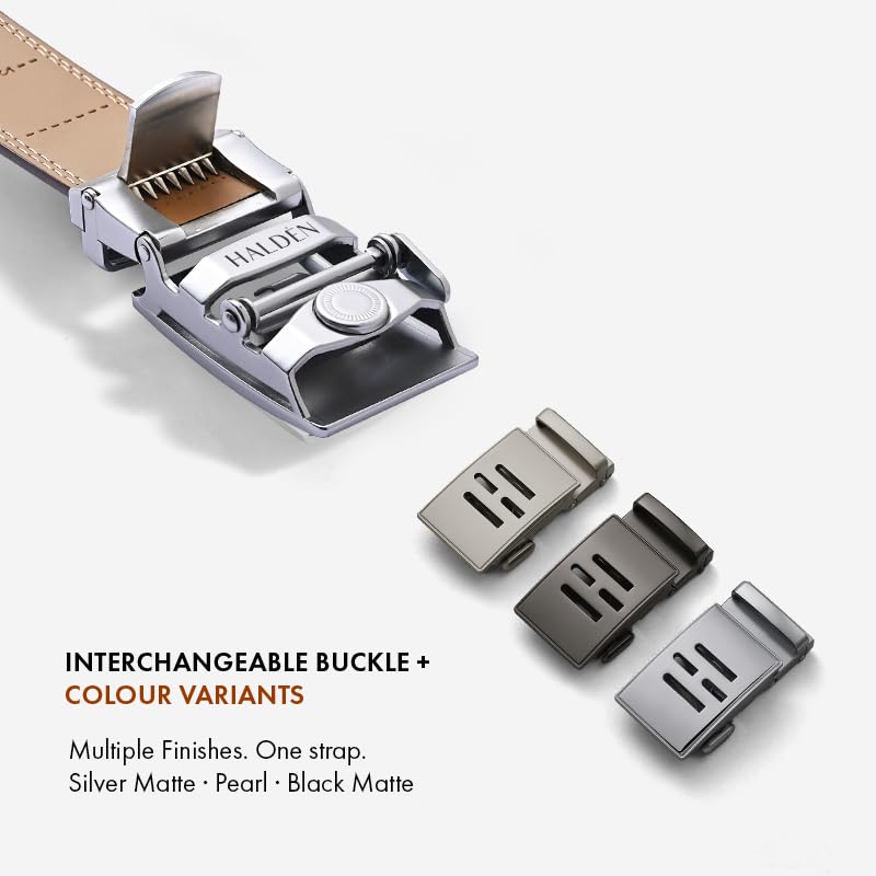 Image of HALDEN THEO Belt For Men Leather Original (Adjustable Fits Up to 44 Inch Waist) Ratchet Straps, Unique Magnetic Auto-lock Buckle Adjustable Belt For Men