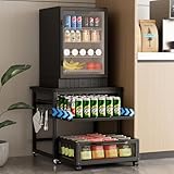 DDJ Mini Fridge Stand with Storage, 20.8x20.8in Heavy Duty Mini Fridge Table with Pull-out Shelf and Lockable Wheels, Compact Refrigerator Stand with Drawer Basket for Home Office, Black