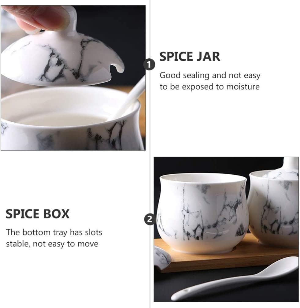Ceramic Condiment Jar Set Porcelain Marbling Seasoning Pot Spice Bowl Sugar Container Storage Organizer with Serving Spoons Tray for Kitchen Home Counter