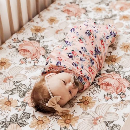 Image of DRESHOW BQUBO Baby Girl Newborn Receiving Blanket with Bow Hat Headband Wooden Birth Announcement Card Set Baby Floral Print Nursery Swaddle Wrap