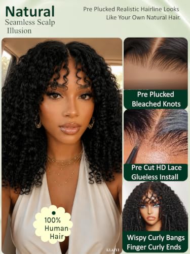 Image of KLAIYI Burmese Curly Bang Precut 7x5 Lace Wig Human Hair Finger Ends 24Inch | Bye Bye Slip Kinky Curly Glueless Lace Front Wig Drawstring Pre Plucked Bleached Knots 30S Ready to Wear and Go Beginner Wig