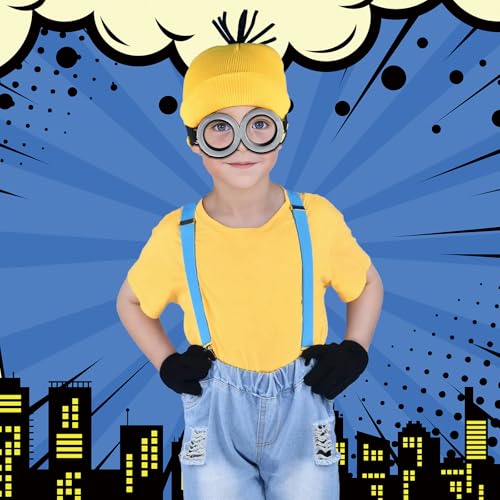 Buufan 202407 4Pcs Halloween Costume Accessories Kids Steampunk Goggles Glasses Blue Y-Back Suspenders Yellow Beanie Hats Black Gloves Perfect thumb #4