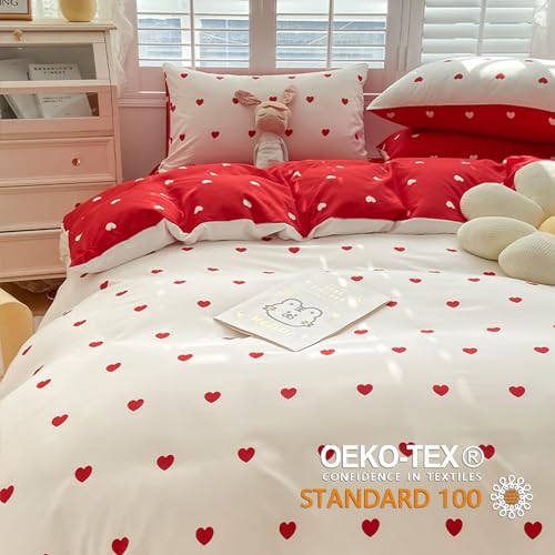 Freyamy Herz Bettwäsche 135x200 Herzen Weiß Rot Herzchen Bettwäsche Set – Ansicht 2