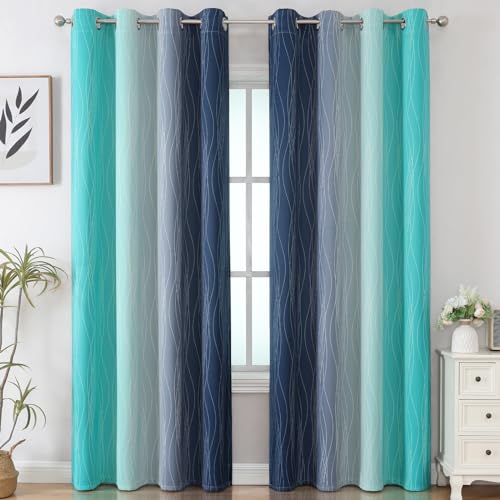 Estelar Textiler Navy Blue and Teal Gradient Blackout Curtains for Bedroom, Thermal Insulated Ombre Blackout Drapes, Full Light Blocking Energy Saving Curtains for Living Room,52Wx96L,2 Panels