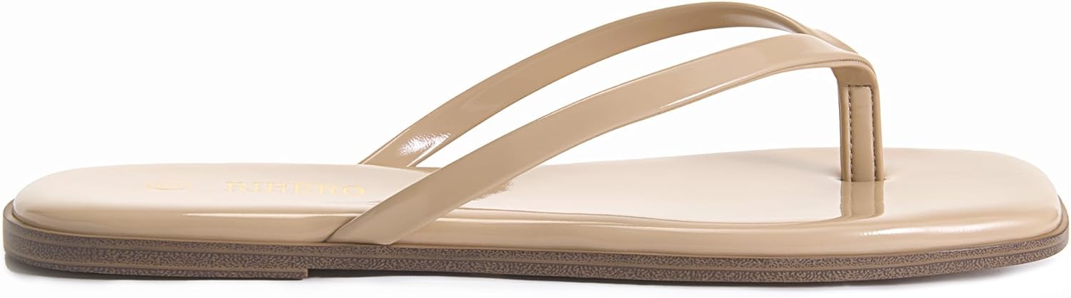 Rihero Flip Flops for Women Comfortable Square Toe Beach Sandals Slip On Leather Thong Flat Sandals Dressy - Image 3