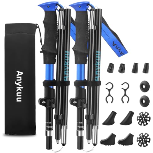 Anykuu Bastones de Senderismo Bastones Trekking Plegables de Aluminio 7075 Antichoque 2pcs Ajustar la Longitud 110-130CM con Ligeros y Plegables para Alpinismo, Trekking para Hombres y Mujere