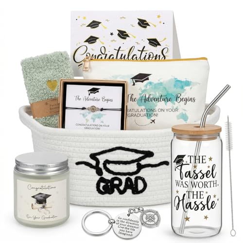 Zopeal Graduation Gift Basket for Her 2026 Graduation Gift Set with Glass Tumbler Makeup Bag Candle Socks Bracelet Keychain Card College Grad Gifts for Her Women Daughter Granddaughter(White)