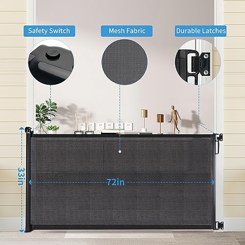 Hamopy Retractable Baby Gate, 33" Tall, Extends Up To 72" Extra Wide Baby Gate, Mesh Gates For Kids Or Pets With Alarm, Durable Child Safety Gate For Doorways, Stairs, Hallways, Indoor/Outdoor (Black) #TOP1