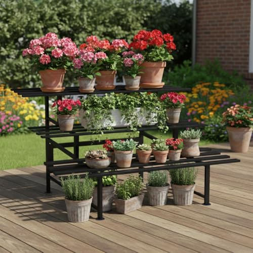 Maka Porta Piante Da Interno Ed Esterno, Piedistallo Per Piante, Fioriera Da Esterno In Metallo, Porta Vasi Da Balcone, Portafiori In Ferro, Portata Max 30 Kg, Piedini Regolabili (3 Ripiani 80Cm) - 2
