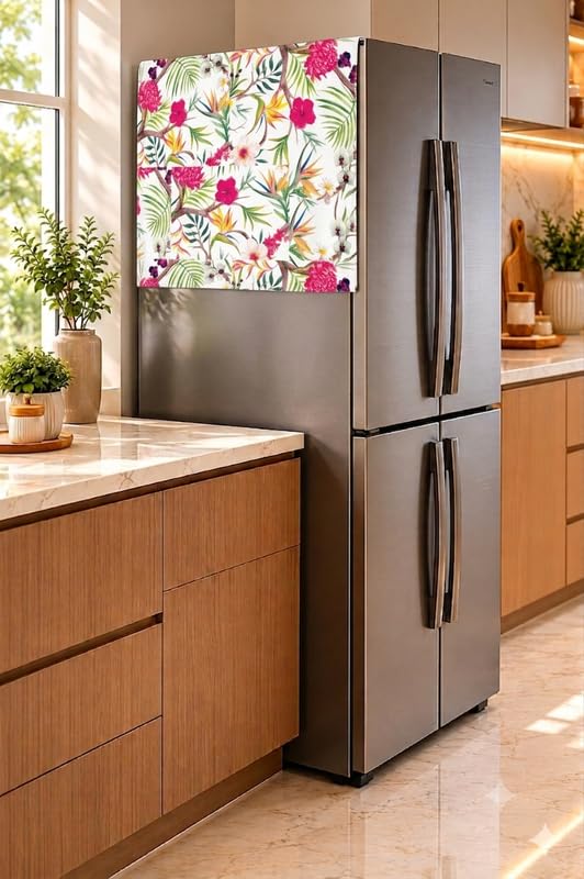 Image of Four Door Fridge Top Cover 400+L | Big Size Dustproof Refrigerator Cover Mat | Machine Washable Floral Print | 450 GSM Durable Fabric Fridge Cover for Side by Side Four Door Models | THROWPILLOW.IN