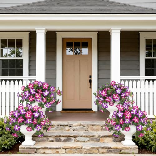 Image of Bassion Artificial Flowers for Outdoors, 2 Pcs Fake Petunia Flower, Fuschia