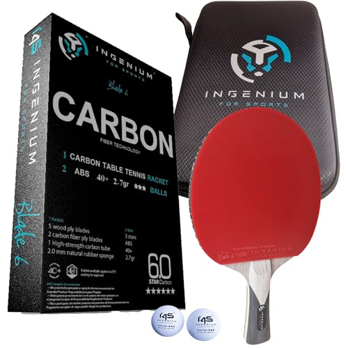 i4S Blade 6. Pala de Ping Pong con 2 Capas de Fibra de Carbono y 5 Capas de Madera, Raqueta Tenis de Mesa Ingenium for Sports con Funda Completa y Dos Pelotas, Goma Profesional, Esponja 2 mm
