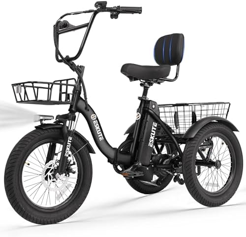 ESKUTE E Trike Electric Bike, Peak 1200W Brushless Motor Folding Trike 18X3.0 Fat Tire Ebike, 499Wh Battery, Step-Thru 3 Wheel Electric Bicycle, 55 Miles, 18MPH+ Tricycle for Adults Black