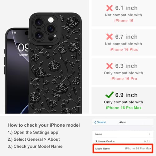 Image of Designed for iPhone 16 Pro Max Case, Cute Rose Flower Floral Pattern Design, Slim Soft TPU Liquid Silicone Protective Cover for Women Girls - Black
