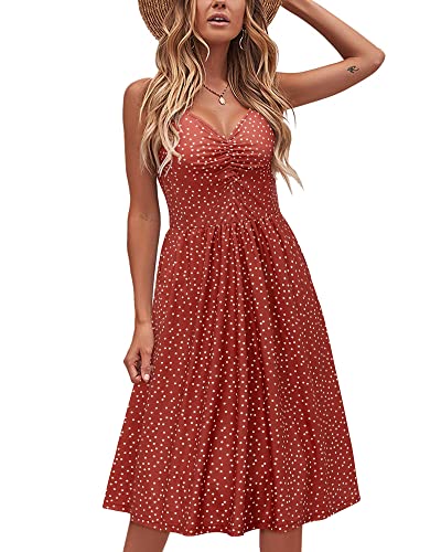 LAISHEN Womens V Neck Summer Dress Floral Spaghetti Strap Sundress Beach Casual Swing Midi Dress with Pockets (Floral09,M)