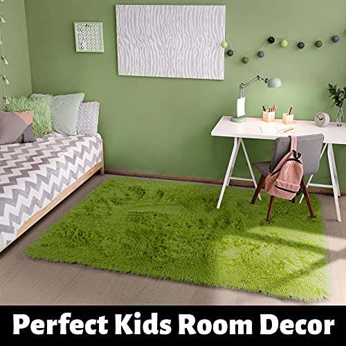 Grass Green Area Rug For Bedroom,4'X6',Fluffy Shag For Living Room,Furry Carpet For Kids Room,Shaggy Throw Rug For Nursery Room,Fuzzy Plush Rug,Green,Rectangle,Cute Room Decor For Baby #TOP2