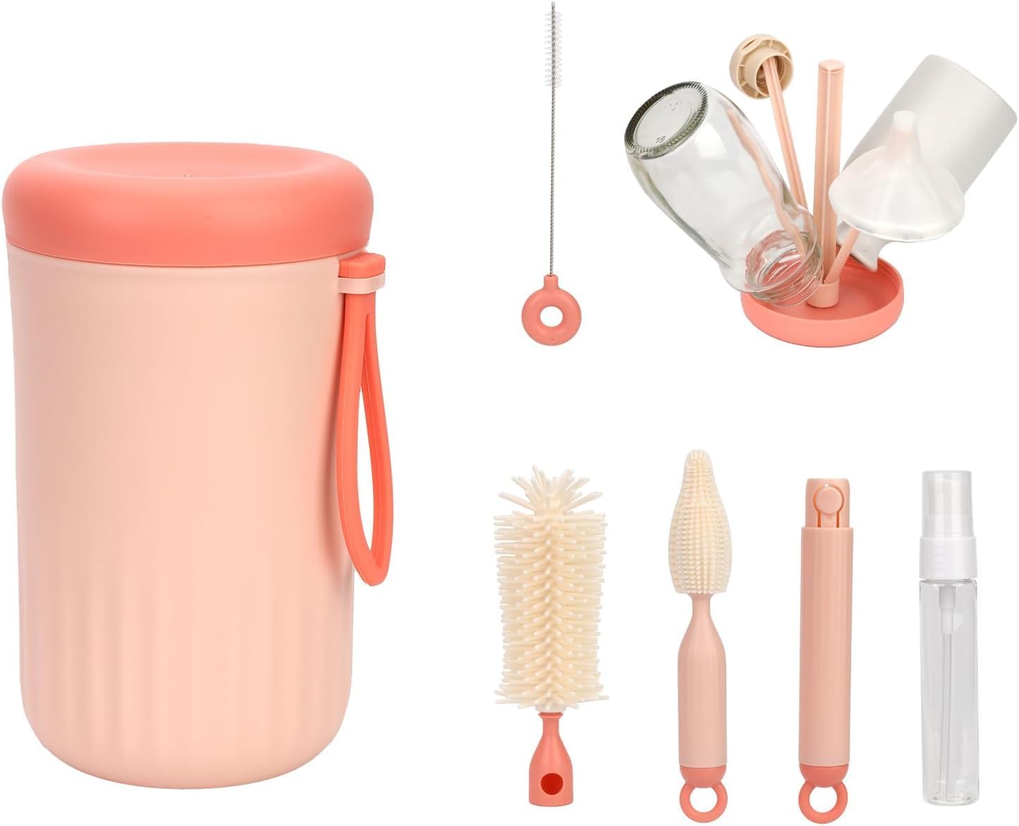 AMPLIN Baby Bottle Brush Travel Set, Baby Travel Essential, 6-in-1 Bottle Cleaner Kit with Silicone Bottle Brush, Brush, Straw Brush, Drying Rack, Dispenser, Organizer, Gifts for New Mom- Pink