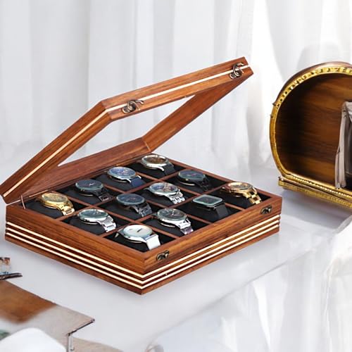 Image of Watch box for women & men, Wooden organizer, Handmade Holder For Men, Custom Valet Box with Brass Lock, Christmas, Anniversary, Valentine;s Day, Father's Day (Dark Brown 12 Slots)