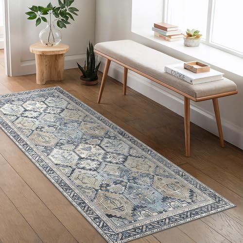 BEIMO Tapis Salon Vintage, Tapis Couloir, Chambre, Cuisine, Lavable en Machine, Salon Antidérapant, Bleu, 80x150cm