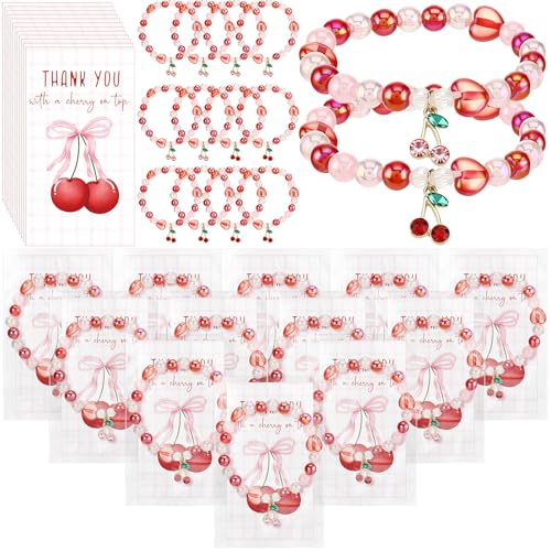 Quelay 25 Sets Cherry Bracelets Gift with Thank You Cards Bulk Bridal Shower Party Favor Cherry Themed Party Decoration for Women Bridesmaids Baby Shower Birthday Friendship Jewelry (Cute,Pink,Red)