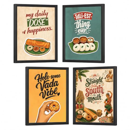 Image of Chaka Chaundh - Restaurant wall decoration items - Cafe quotes wall frames - Idli walls frame - Food wall frame art - Dosa wall frame poster, Medu vada wall frame, . South indian food frame poster wall art. ( 14X11 inch. Set OF 4 )