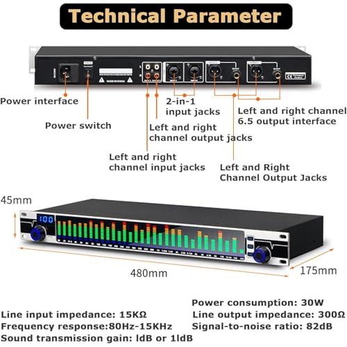 Ecualizador gráfico estéreo de 31 bandas con pantalla de espectro LED, 10 efectos preestablecidos, reducción automática de ruido, chip de procesamiento DSP para estudio de grabación y mejora de audio