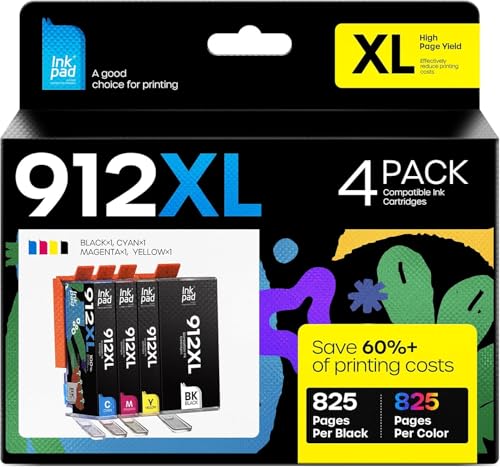 iNKPAD 912XL Ink Cartridges Compatible with HP 912 912XL Ink Cartridges Multipack for HP OfficeJet 8010 8012 8014 8015 8017 OfficeJet Pro 8020 8024 8023 8025 (4-Pack Black Cyan Magenta Yellow)