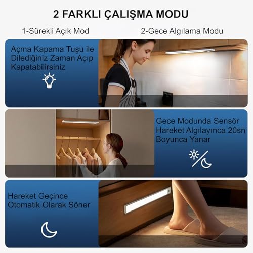 HyMark 40cm Sensörlü Alüminyum USB Şarjlı LED Gece Lambası 3 Renk Kısılabilir Mutfak Dolap Tezgah