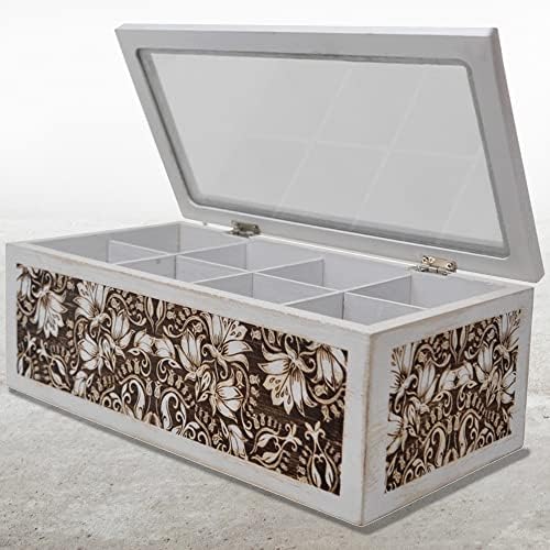 Wooden Box, Decorative Storage Box with Hinged Lid, 11"x6" Rectangular Engraved Art Keepsake and Trinkets Box , Large Jewelry Organizer, Rustic Antique Wood