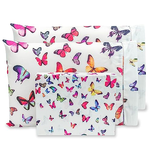 Jogo de Lençol Algodão King 3 Peças Estampado Borboletas Ponto Palito 180 Fios (King)