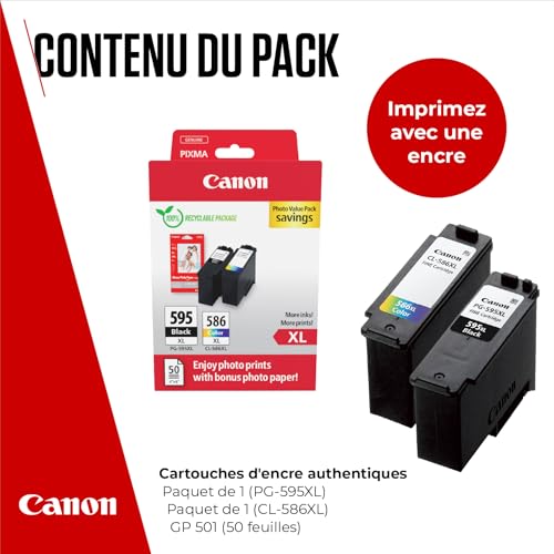 Canon PG-595 XL/CL-586 XL - Multipack d’Origine Cartouche Noire & Cartouche Couleur - Jusqu'à 300 Pages + 50 Feuilles Papier Photo 4×6 (GP-501)