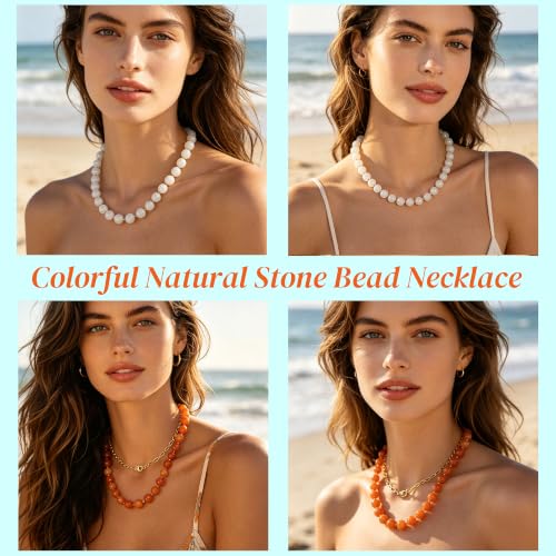 Image of GINAZL Natural Stone Beaded Choker Necklace for Women, Chunky Multicolor Gemstone Handmade Necklace, Boho 12MM Bead Summer Beach Jewelry Gifts for Women