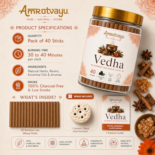Image of Vedha Dhoop Sticks 4 inch 6mm Bamboo Less Incense Dhoop 40 Sticks for Pooja | No Charcoal Dhoop Batti with Holder Stand | Fragrance for Home, Mediation Relaxation
